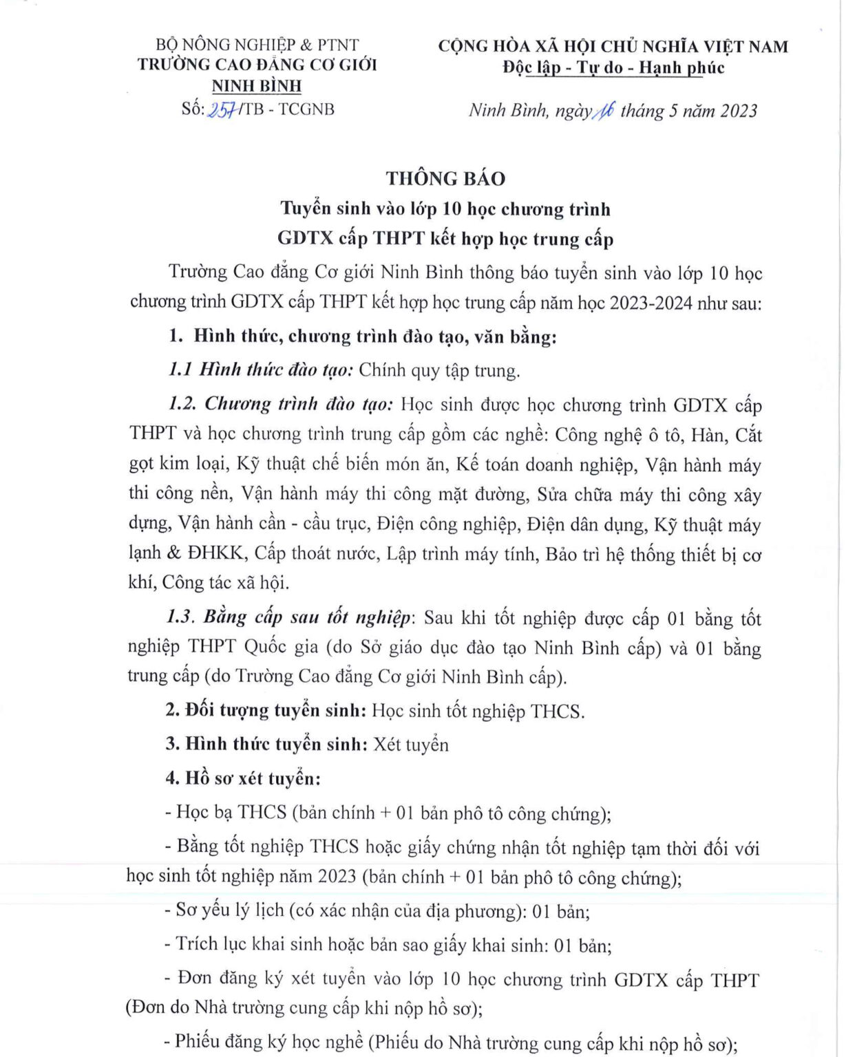 Thông Báo Tuyển Sinh Vào Lớp 10 Học Chương Trình Gdtx Cấp Thpt Kết Hợp Học Trung Cấp Trường